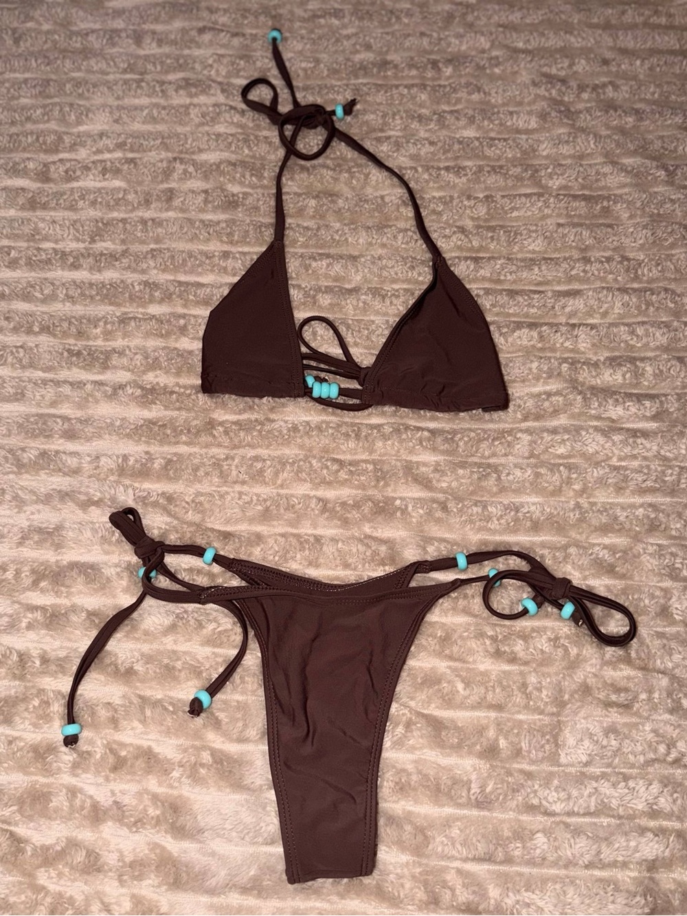 Brown Women's String Bikini with Turquoise Bead Accents